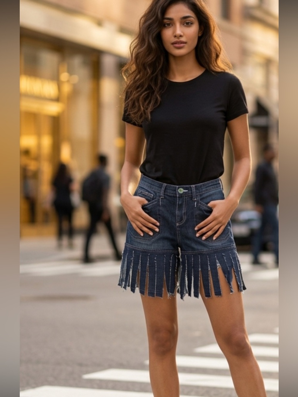 Upcycled DKNY Jeans Dark Wash Fringed Denim Shorts size M - Picture 1 of 6
